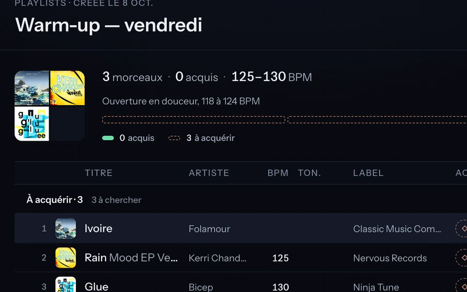 Une playlist : ses morceaux à acquérir, chacun avec ses boutons d’achat