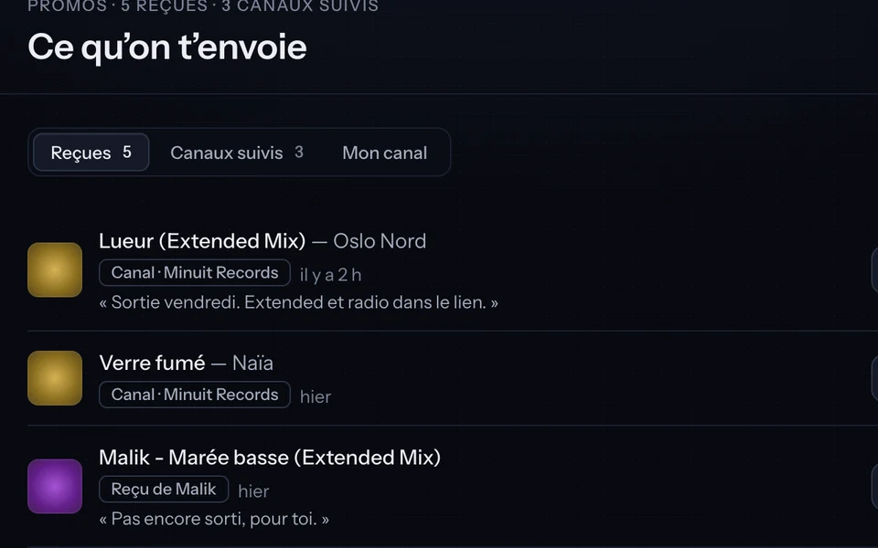 Promos : les morceaux reçus, avec pour chacun Écouter, Inbox et Écarter