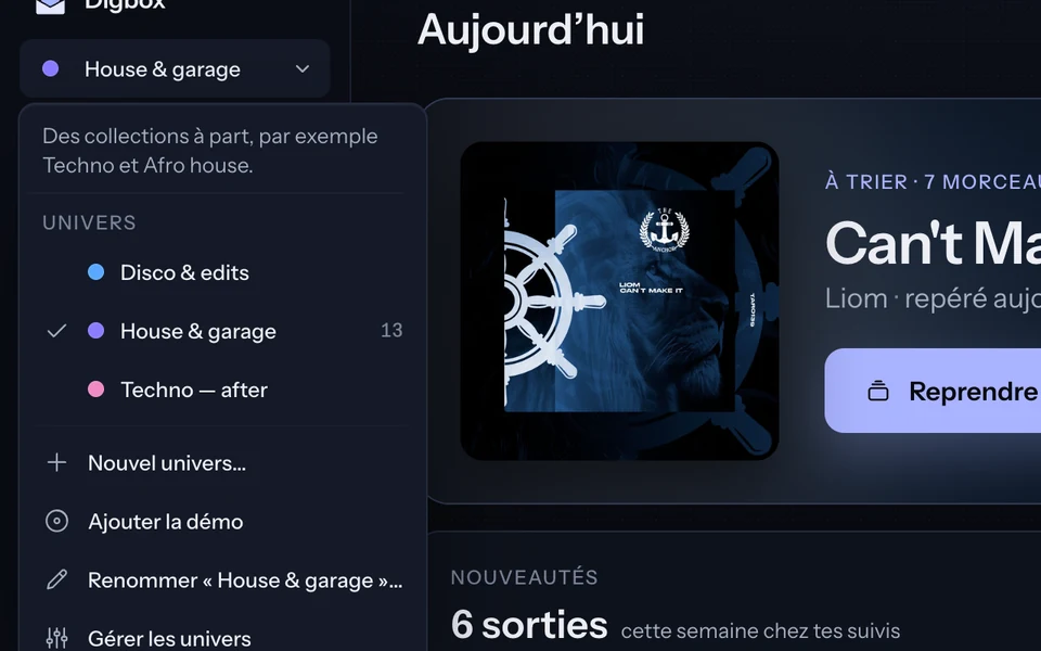 Le menu des univers : Disco et edits, House et garage, Techno