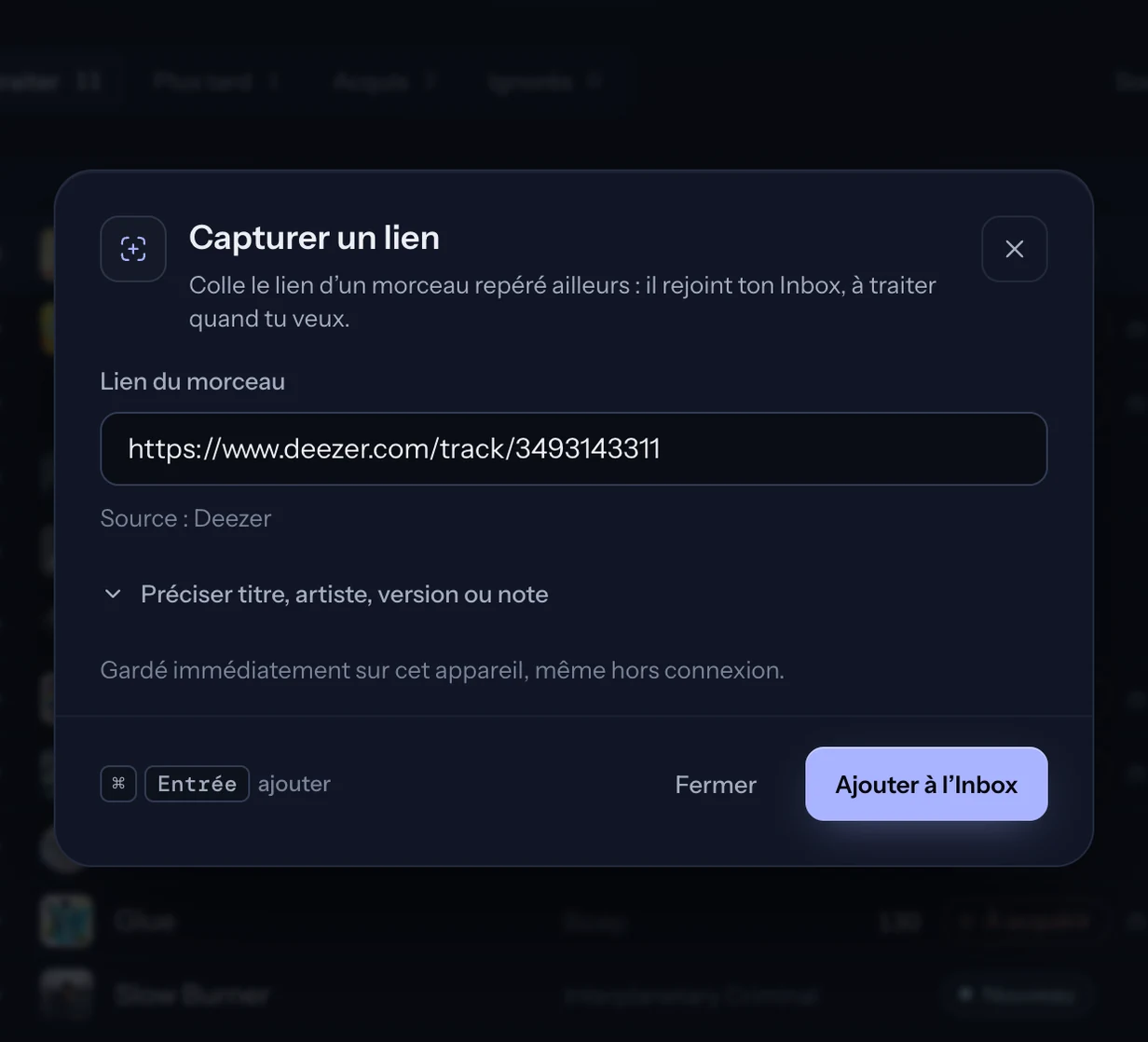 La fenêtre « Capturer un lien » : le lien d’un morceau, prêt à être ajouté à l’Inbox