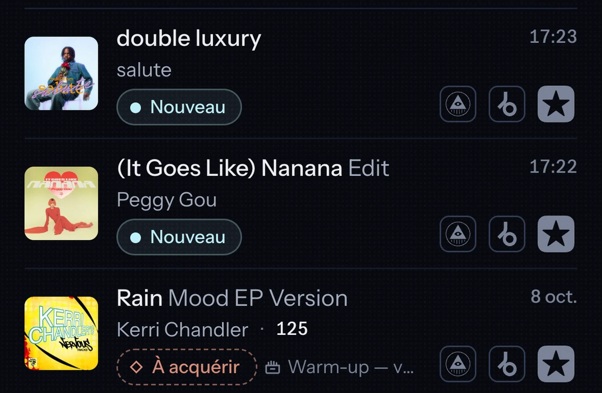 Trois morceaux de l’Inbox ; à droite de chacun, les boutons Fuvi Clan, Beatport et iTunes Store