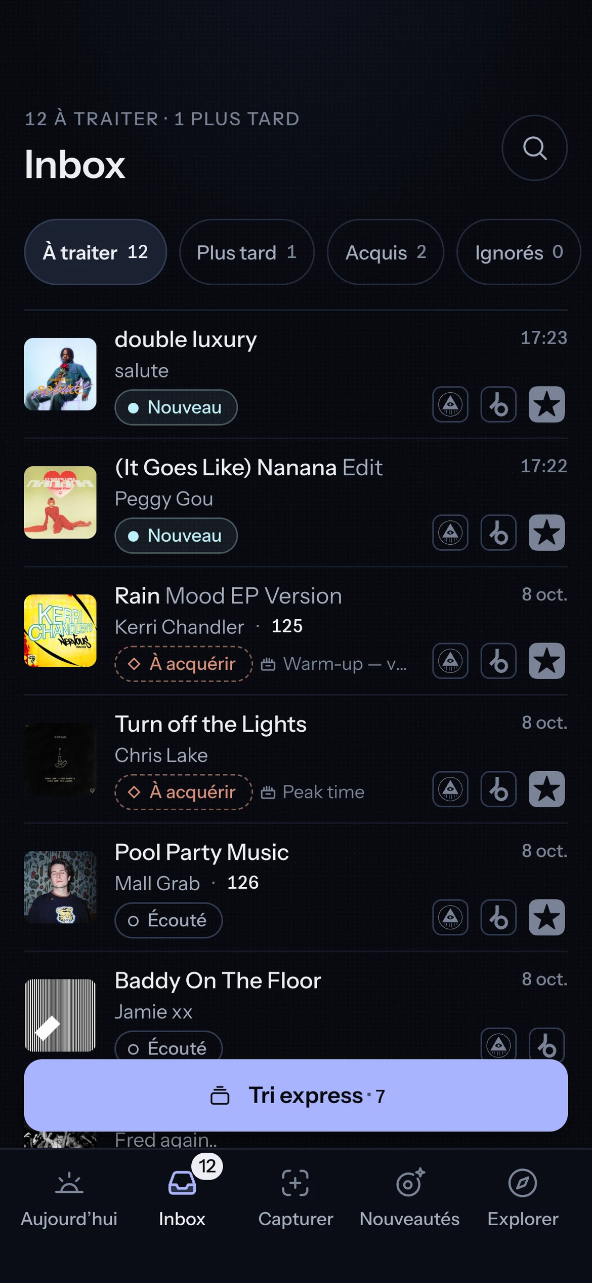 L’Inbox de Digbox sur téléphone : les morceaux repérés, avec leur pochette, leur artiste et les boutons d’achat